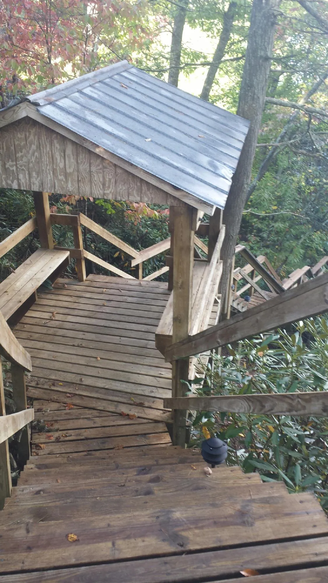 Metal roofed shelter over wooden steps on a wooded walkway — Skylight Repair & Installation work by our crew in Kingsland